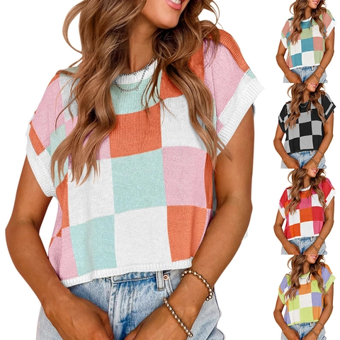 Women's Summer Checkerboard Knit Short Sleeve Sweater Crew Neck Color Block Geometric Cropped Top Casual Western Pullover Knitwear