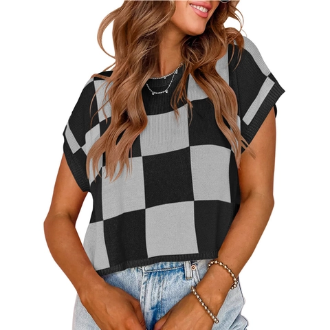 Women's Summer Checkerboard Knit Short Sleeve Sweater Crew Neck Color Block Geometric Cropped Top Casual Western Pullover Knitwear