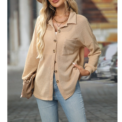Women Casual Waffle Knit Button Up Shirt Long Sleeve Blouse Loose Fit Shacket Top With Pocket Plain Solid Color Fall Fashion