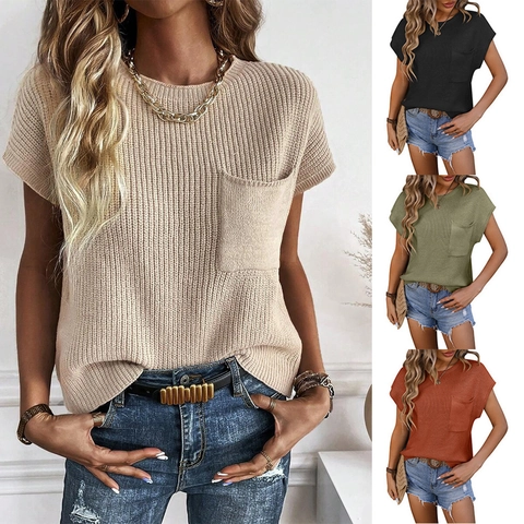 Women Casual Short Sleeve Knit Top Round Neck Acrylic Nylon Sweater With Pocket Solid Color Vintage Summer Pullover