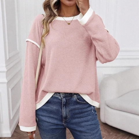 Women's Casual Round Neck Long Sleeve Colorblock Knit Top Loose Waffle Knit Sweater Patchwork T-Shirt Pullover Clothing