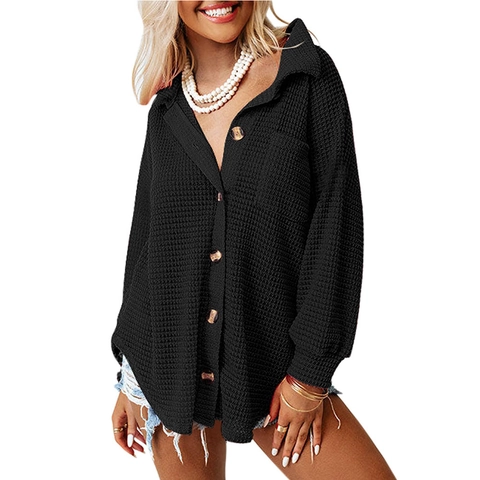 Women Casual Waffle Knit Button Up Shirt Long Sleeve Blouse Loose Fit Shacket Top With Pocket Plain Solid Color Fall Fashion