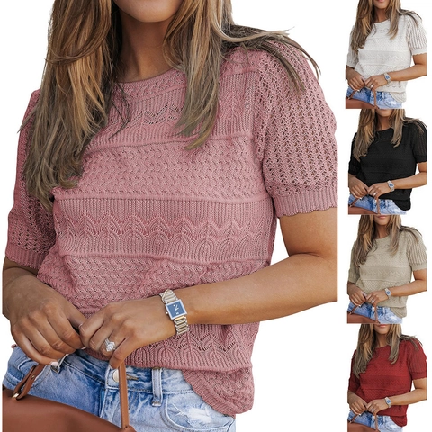 Women's Casual Hollow Out Crochet Knit Top Round Neck Short Sleeve Solid Color Bohemian Vintage Knitwear Sweater For Summer