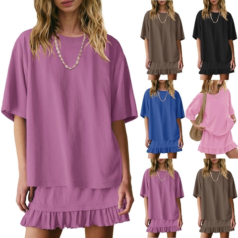 Set Due Pezzi Donna Casual Estivo T-shirt Oversize a Maniche Corte E Minigonna Con Bordo a Volant Tinta Unita
