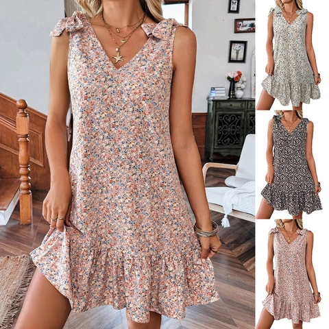 Damen Floral V Ausschnitt Ärmellos Kleid Schleife Schulter Rüschensaum Sommer Casual Strand Trägerkleid Midi Kleid