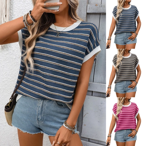 Damen Casual Gestreiftes Strickoberteil Rundhalsausschnitt Kurzarm Farbblock Locker Leicht Weich Gestrickter Pullover Sommer Shirt