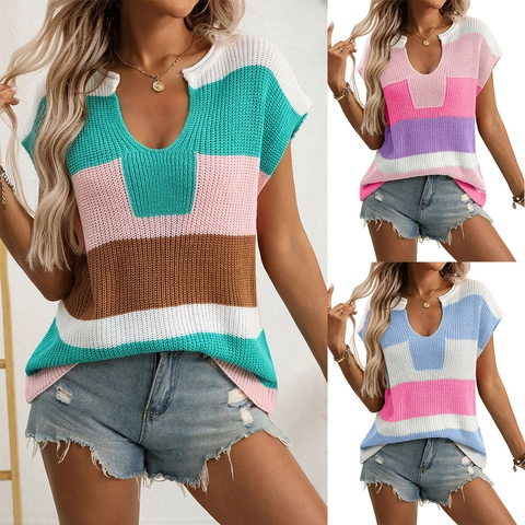 Haut en Tricot Rayé à Col en V et Manches Raglan Courtes pour Femmes en Mélange de Polyester Décontracté Été Color Block Pull Léger