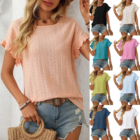 Women Casual Eyelet Embroidery Short Sleeve T-Shirt Round Neck Ruffle Sleeve Hollow Out Solid Color Summer Vacation Top