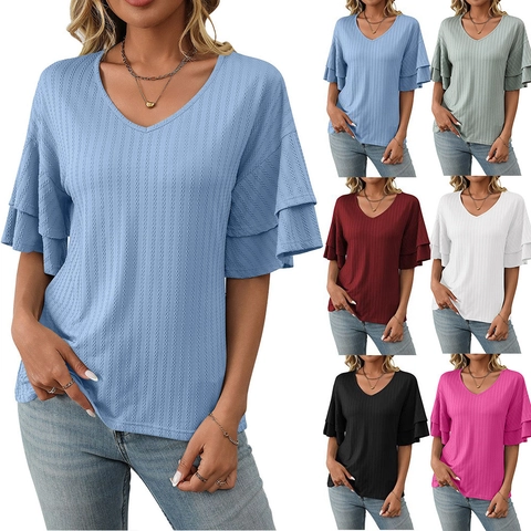 T-Shirt Élégant à Col en V et Manches à Volants pour Femmes Décontracté Côtelé Couleur Unie Haut à Manches Courtes