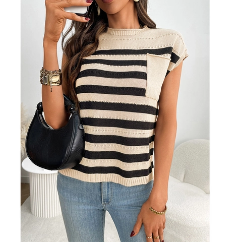 Haut en Tricot à Rayures Décontracté pour Femmes Pull à Col Rond Avec Poche Poitrine T-Shirt à Rayures Mode Été