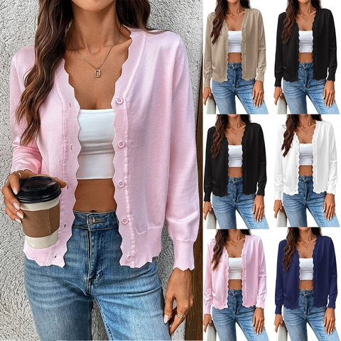 Damen V Ausschnitt Wellenkante Strickjacke Langarm Knopfleiste Einfarbig Eisseide Leichte Pullover Tops Für Damen