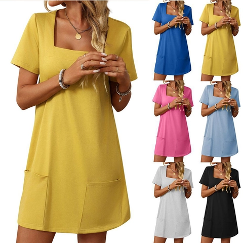 Damen Casual Eckiger Ausschnitt Kurzarm Mini Kleid Mit Taschen Polyester Viskose Mischung Retro Stil Sommer Mode Bekleidung
