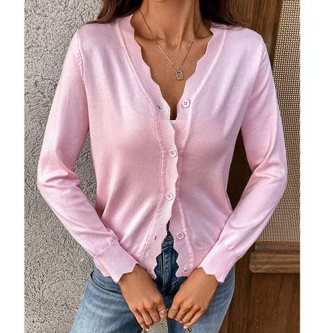 Damen V Ausschnitt Wellenkante Strickjacke Langarm Knopfleiste Einfarbig Eisseide Leichte Pullover Tops Für Damen