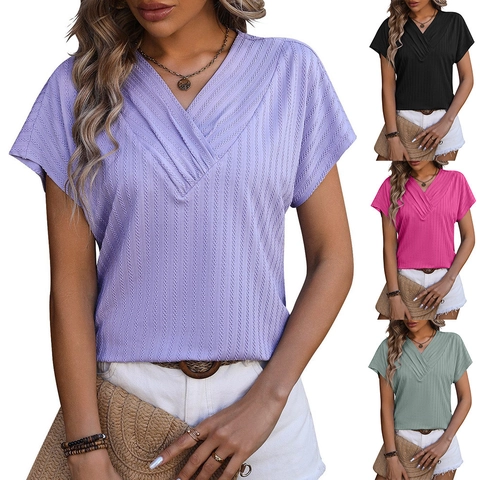 Dames Casual Geribbelde T-shirt Met V-hals Korte Mouwen Overslag Zomer Losse Gebreide Top Voor Vakantie Effen Kleur Shirt