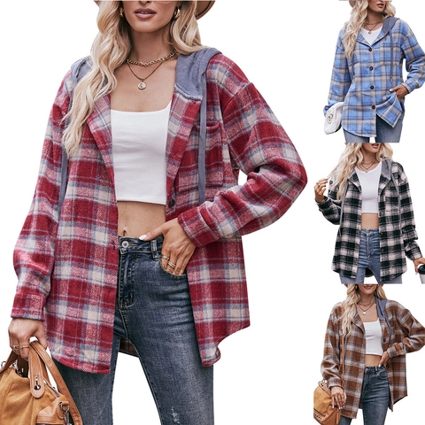 Dames Flanellen Geblokte Overhemdjack met Capuchon Casual Lange Mouwen Knoopsluiting Shirt Jas met Zak Herfst Winter Top