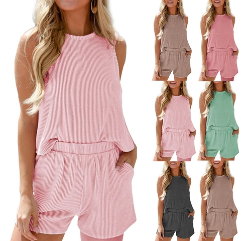 Conjunto de Dos Piezas Casual de Punto Acanalado para Mujer Camiseta sin Mangas con Cuello Redondo y Pantalones Cortos con Bolsillos