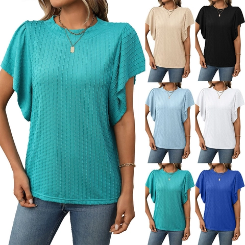 Women Round Neck Ruffle Short Sleeve T-Shirt Solid Color Textured Fly Sleeve Loose Casual Summer Elegant Pullover Top