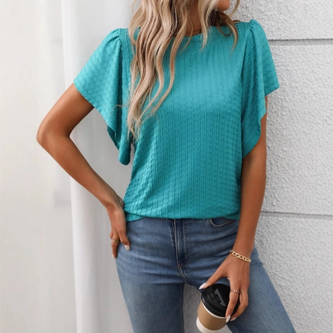 Women Round Neck Ruffle Short Sleeve T-Shirt Solid Color Textured Fly Sleeve Loose Casual Summer Elegant Pullover Top