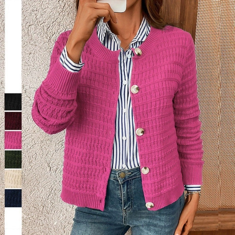 Women Casual Knit Cardigan Waffle Texture Round Neck Button Down Long Sleeve Sweater Outerwear For Autumn Winter