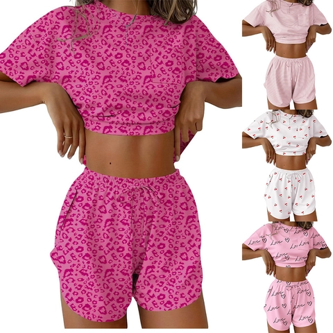 Damen Casual Loungewear Schlafanzug Set Kurzarm Tasche Top Kordelzug Shorts Leopard Kirsche Streifen Herz Print Nachtwäsche