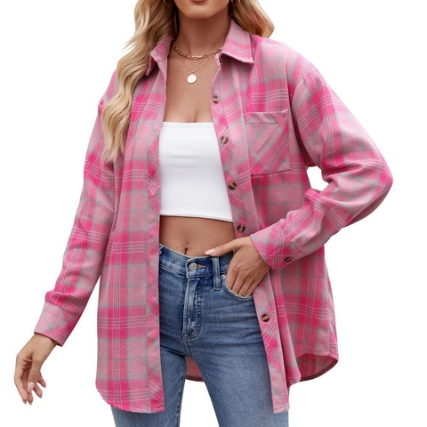 Dames Oversized Geruit Overhemdjack Casual Lange Mouwen Enkele Rij Knoppen Shacket Met Zak Streetwear Herfst Winter Top
