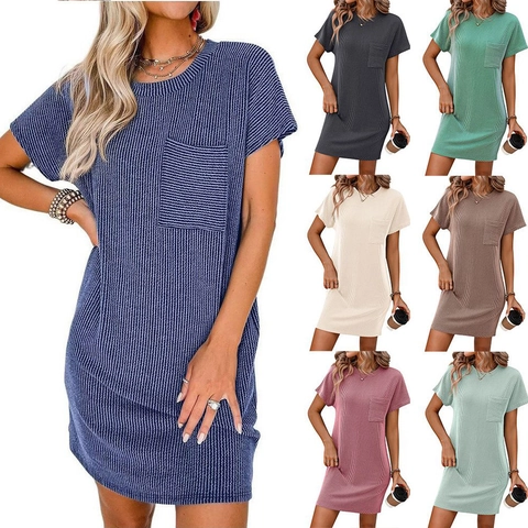 Women Casual Ribbed Short Sleeve T-Shirt Dress Round Neck Solid Color Striped Summer Mini Dress With Pocket Rayon Polyester