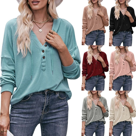 Women's Casual Loose Solid Color Henley Hoodie Long Sleeve Button Up Drawstring Sweatshirt Hooded Pullover Soft Knit Top