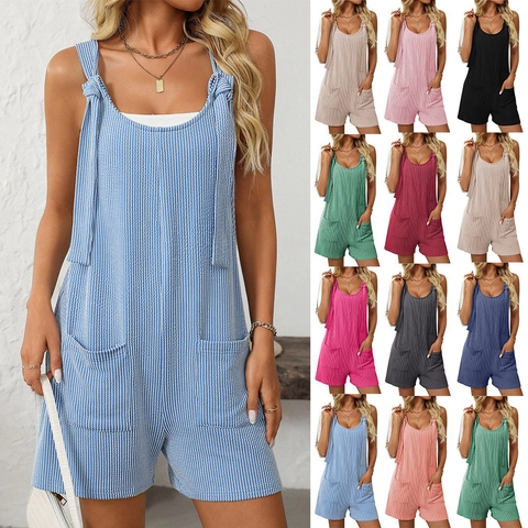 Mono Corto Casual a Rayas Sin Mangas para Mujer de Punto de Canalé Con Bolsillos Verano Playa Con Lazo Espalda Al Aire
