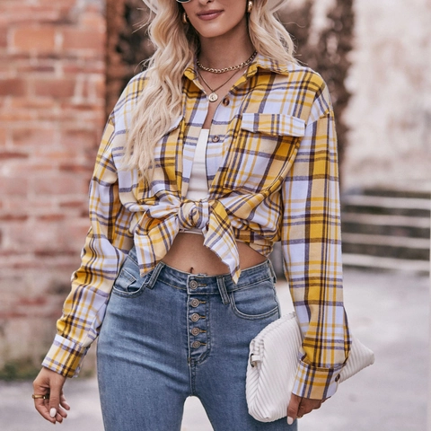 Chemise en Flanelle à Carreaux Décontractée pour Femmes Oversize Manches Longues Col Rabattu Chemisier à Boutons Automne Hiver