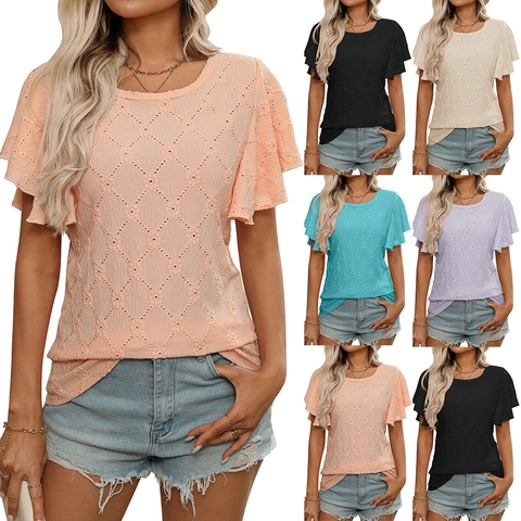 T-shirt da Donna Casual in Pizzo con Volant Manica Corta Girocollo Motivo a Rombi Tinta Unita Top Estivo per Vacanza Quotidiana