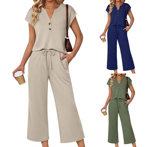 Damen Casual Kurzarm V-Ausschnitt Knopf Top Und Weites Bein Kordelzug Hose Lounge Streetwear Outfit Set Kleidung