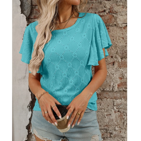 T-shirt da Donna Casual in Pizzo con Volant Manica Corta Girocollo Motivo a Rombi Tinta Unita Top Estivo per Vacanza Quotidiana