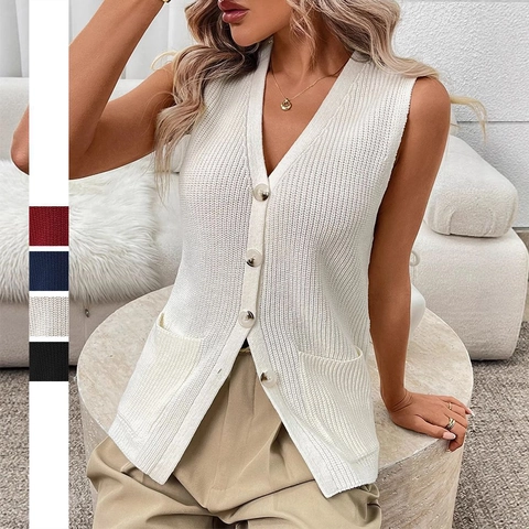 Women Casual V Neck Knitted Vest Cardigan Sleeveless Ribbed Sweater With Buttons And Pockets Elegant Urban Style Tops