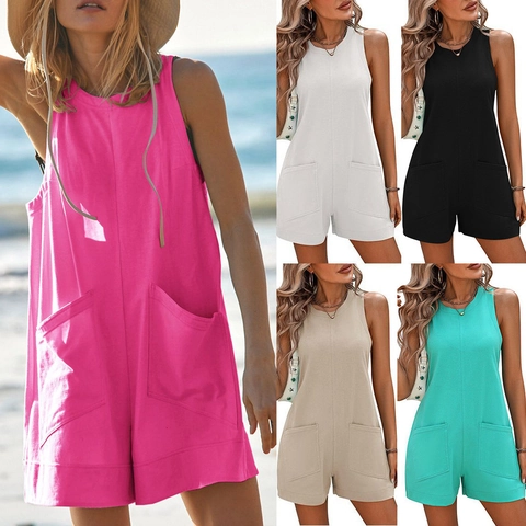 Women Casual Sleeveless Backless Romper Round Neck Loose Summer Jumpsuit With Pockets Rayon Polyester Blend Fashion Bodysuit
