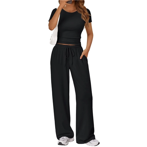 Women's Casual Two Piece Set Short Sleeve Round Neck T-Shirt And High Waist Drawstring Wide Leg Pants Summer Lounge Set