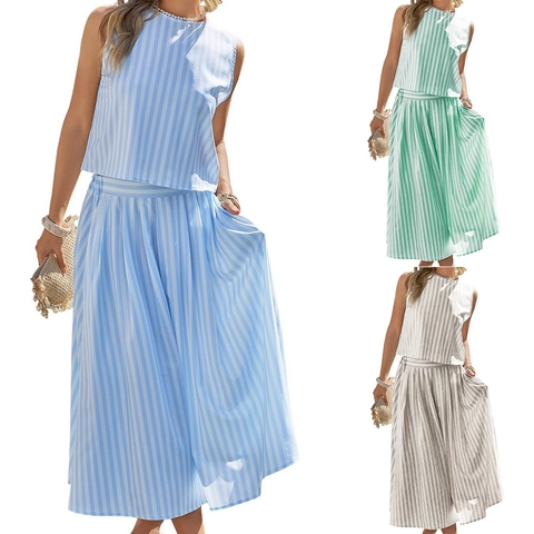 Conjunto de Dos Piezas Casual para Mujer con Top de Chaleco a Rayas sin Mangas y Falda Midi Plisada de Talle Alto