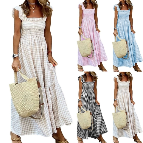 Dames Gingham Lange Jurk Met Gesmokt Bovenstuk Roffels Gelaagd Vierkante Hals Zomervakantie Mouwloze Lange Jurk