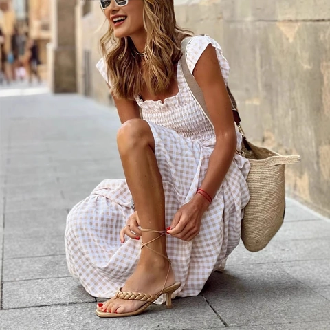 Dames Gingham Lange Jurk Met Gesmokt Bovenstuk Roffels Gelaagd Vierkante Hals Zomervakantie Mouwloze Lange Jurk
