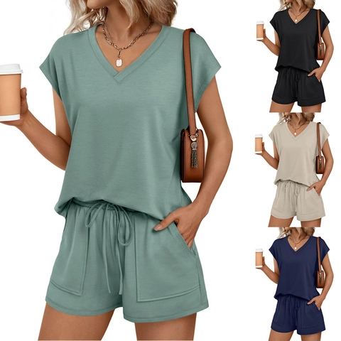 Damen Casual Zwei Teiler V-Ausschnitt Kurzarm Top Und Taschen Kordelzug Shorts Sommer Loungewear Outfit Trainingsanzug