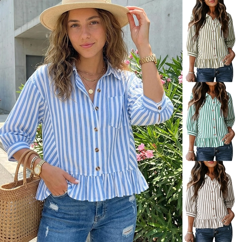 Camisa de Algodón a Rayas para Mujer Casual de Negocios Top con Botones con Dobladillo de Volantes Peplum Blusa Vintage de Manga Tres Cuartos