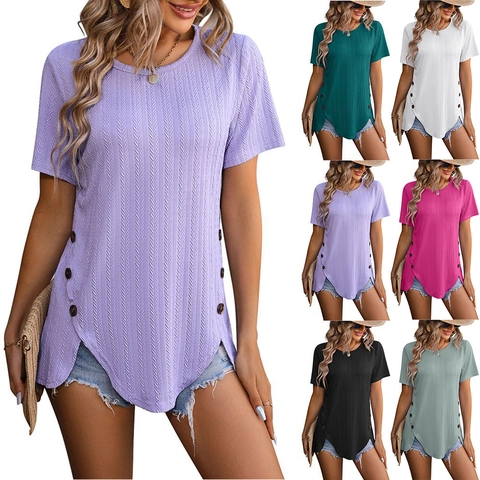 Dames Casual Visgraat Textuur T-Shirt Ronde Hals Zijknop Asymmetrische Zoom Korte Mouw Zomer Mode Top