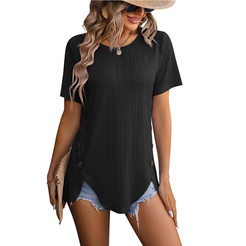 Dames Casual Visgraat Textuur T-Shirt Ronde Hals Zijknop Asymmetrische Zoom Korte Mouw Zomer Mode Top