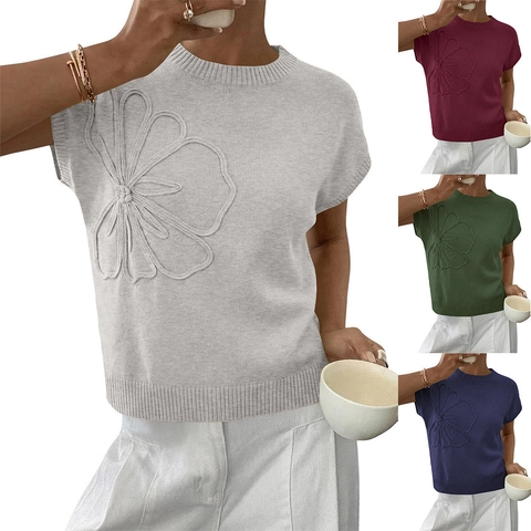 Women Casual 3D Floral Applique Knit Sweater Round Neck Short Sleeve Elegant Loose Ribbed Pullover Top
