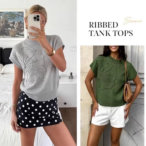 Women Casual 3D Floral Applique Knit Sweater Round Neck Short Sleeve Elegant Loose Ribbed Pullover Top