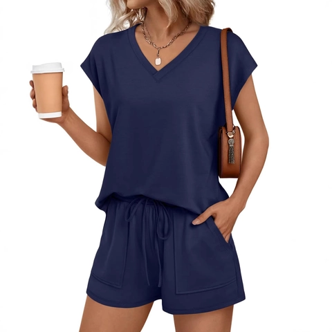 Dames Casual Katoen Polyester Tweedelige Set V-Hals Korte Mouw Top En Trekkoord Zak Shorts Sportieve Lounge Outfit