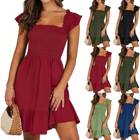 Women Square Neck Smocked Ruffle Mini Dress Summer Solid Color A-Line Sweet Vacation Sundress Polyester Viscose Elastane Top