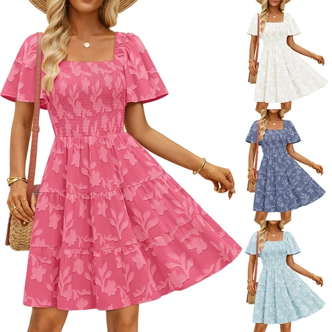 Damen Eckiger Ausschnitt Gesmoktes Blumenkleid Flattern Kurzarm Gestuft Midi Elegant Urlaub Sommer Sonnenkleid Jacquard