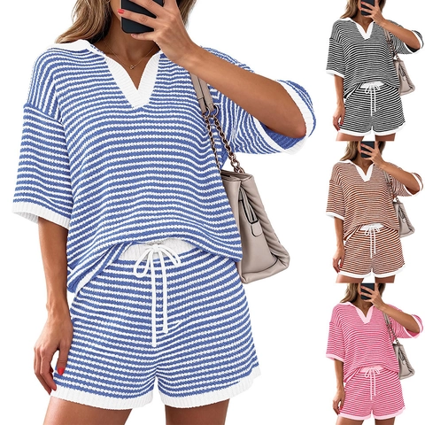 Women Striped Knit Top And Shorts Clothing V Neck Short Sleeve Casual Summer Beach Lounge Outfit