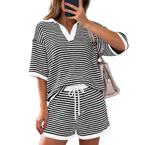 Women Striped Knit Top And Shorts Clothing V Neck Short Sleeve Casual Summer Beach Lounge Outfit