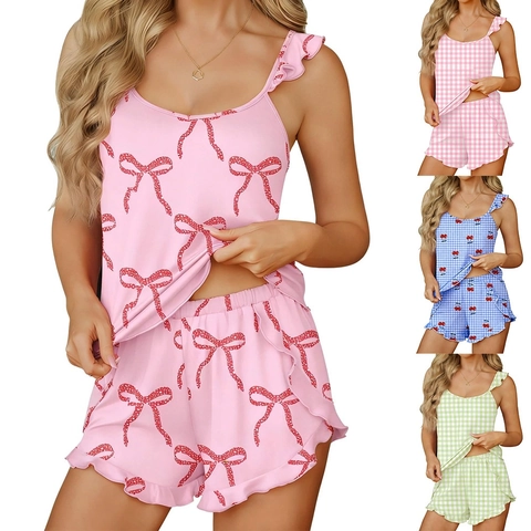Conjunto de Pijama de Verano con Estampado de Lazo y Cuadros para Mujer Camisola con Volantes y Pantalones Cortos